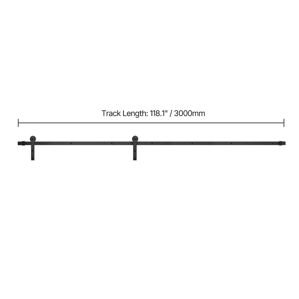 Black barn door track assembly with mounting brackets and roller positions