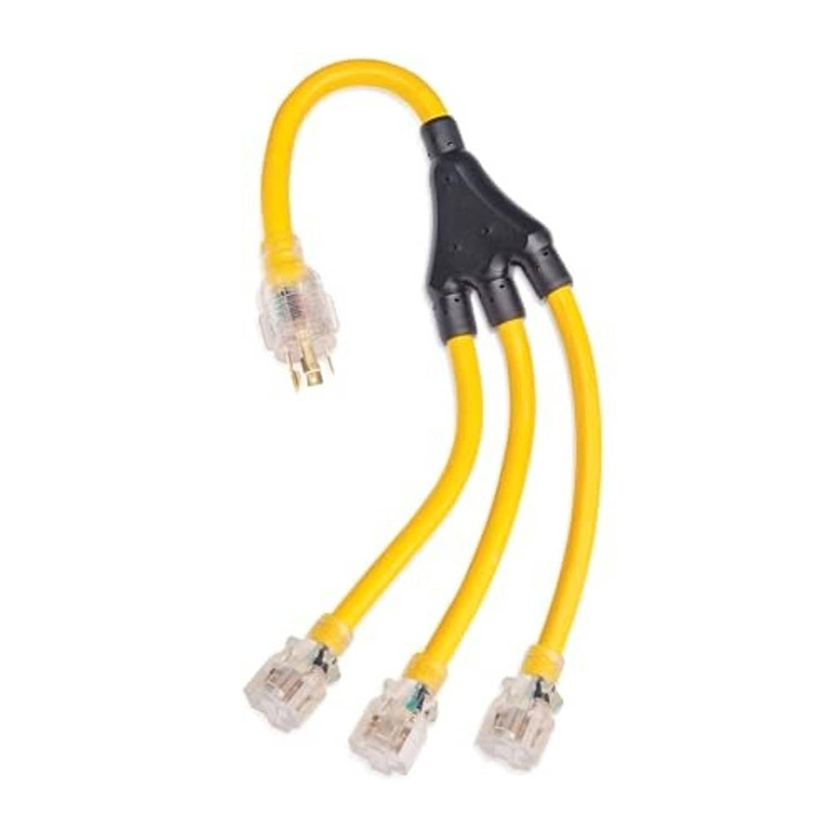 Yellow generator adapter cord with black plug and three clear terminal ends