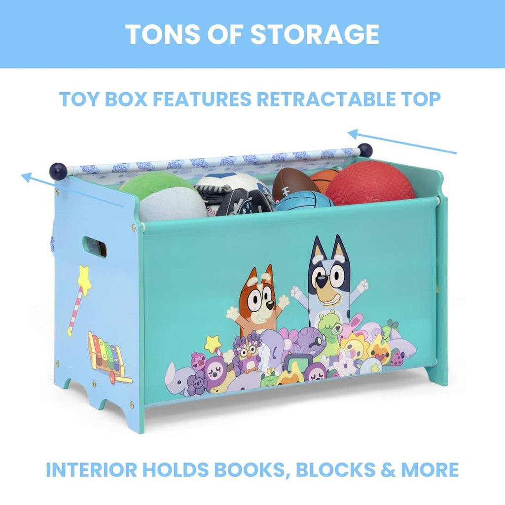 Teal Bluey toy box open with retractable top and character artwork on front