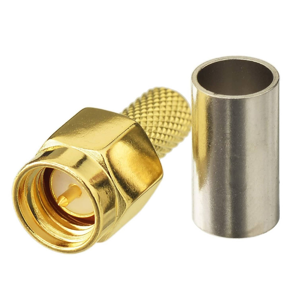 SMA male RF crimp connector with gold body and textured grip, plus metal sleeve