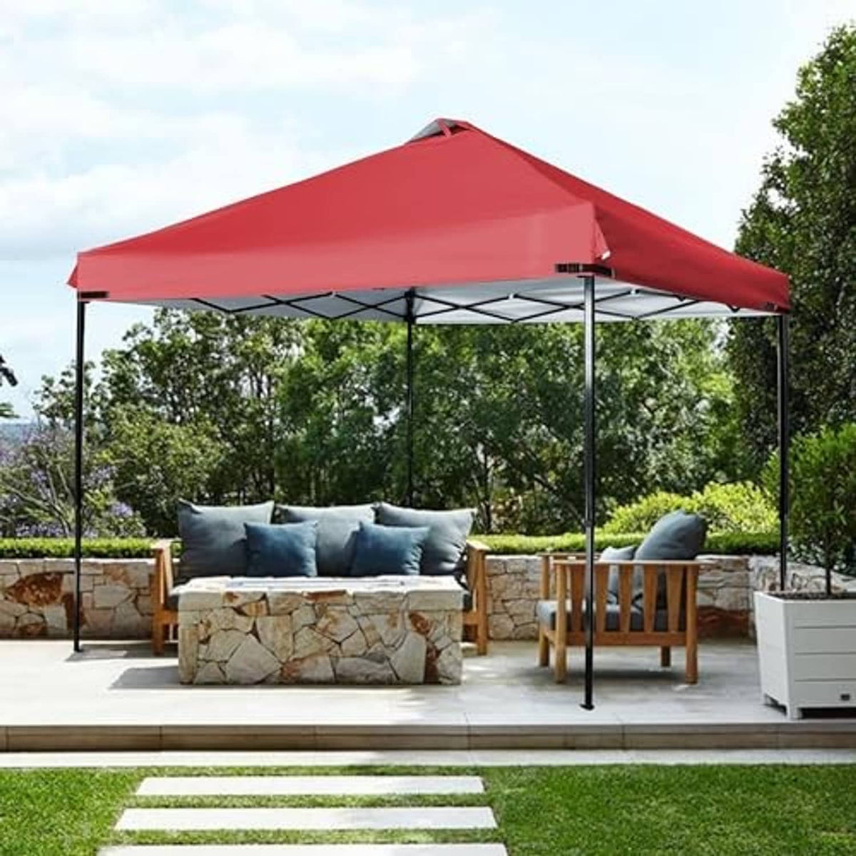 Outdoor canopy with red replacement top on black metal frame