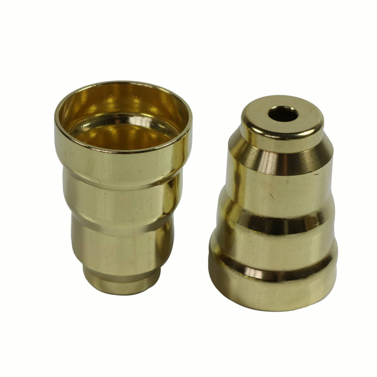 Gold brass injector sleeve cups, one larger with a top mounting hole