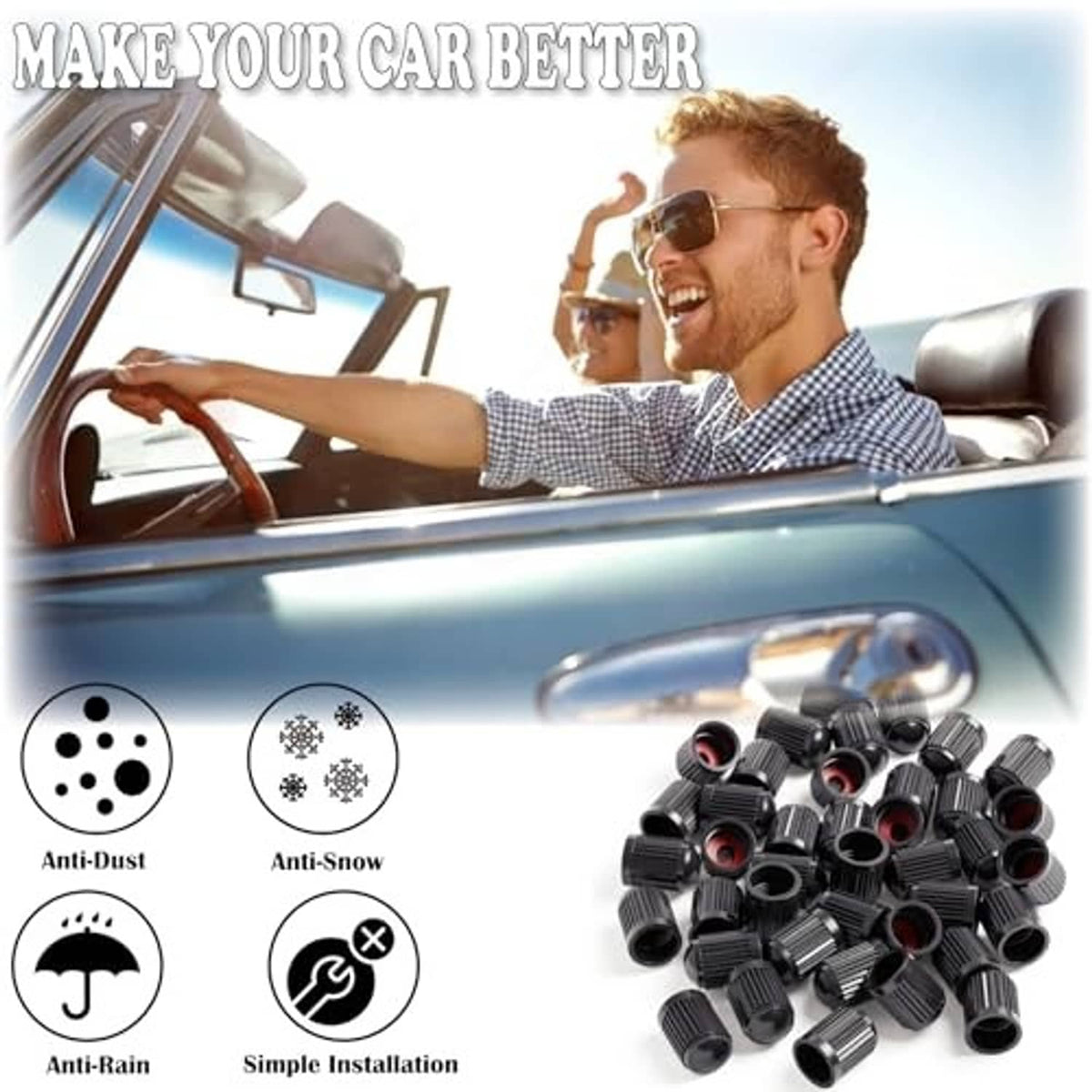 Many black ribbed valve stem caps with red O-ring inserts in infographic layout