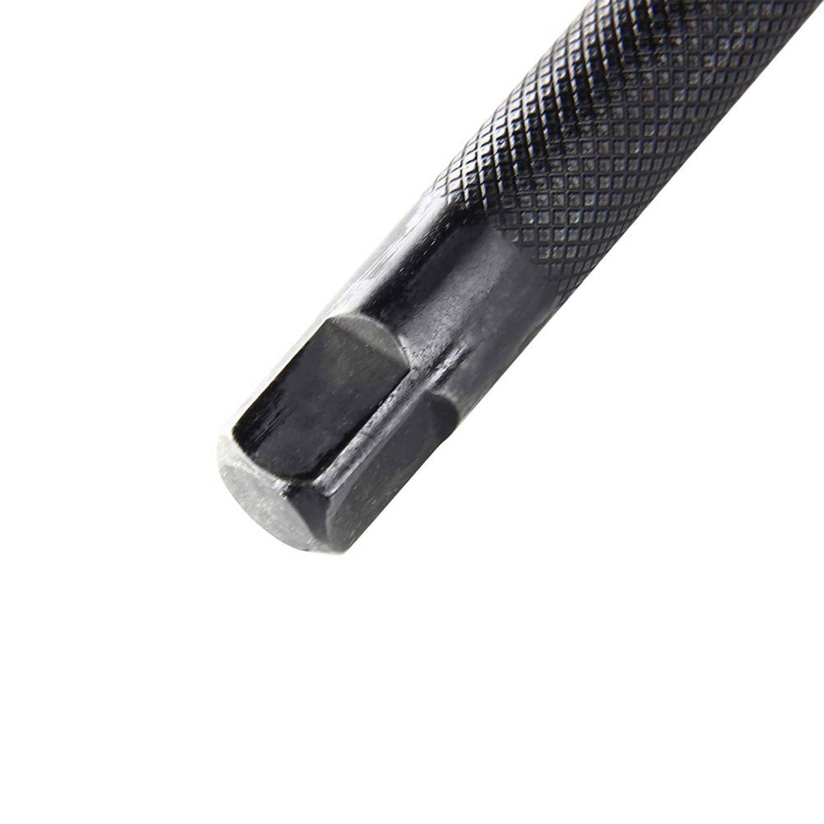 Square drive end of black L-shaped socket wrench with textured grip