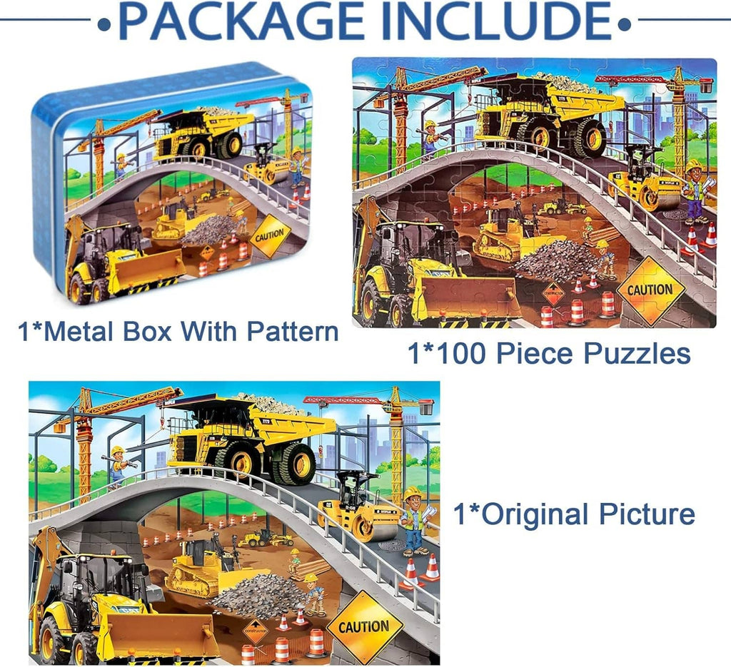 Construction site metal box package with 100-piece jigsaw puzzle and picture