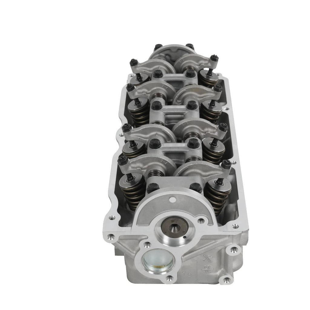 Cylinder head assembly front view with cam cap, rocker arms, and mounting flange