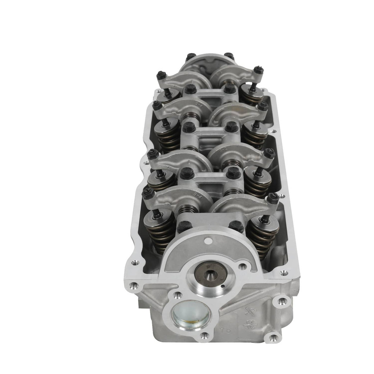 Cylinder head assembly front view with cam cap, rocker arms, and mounting flange