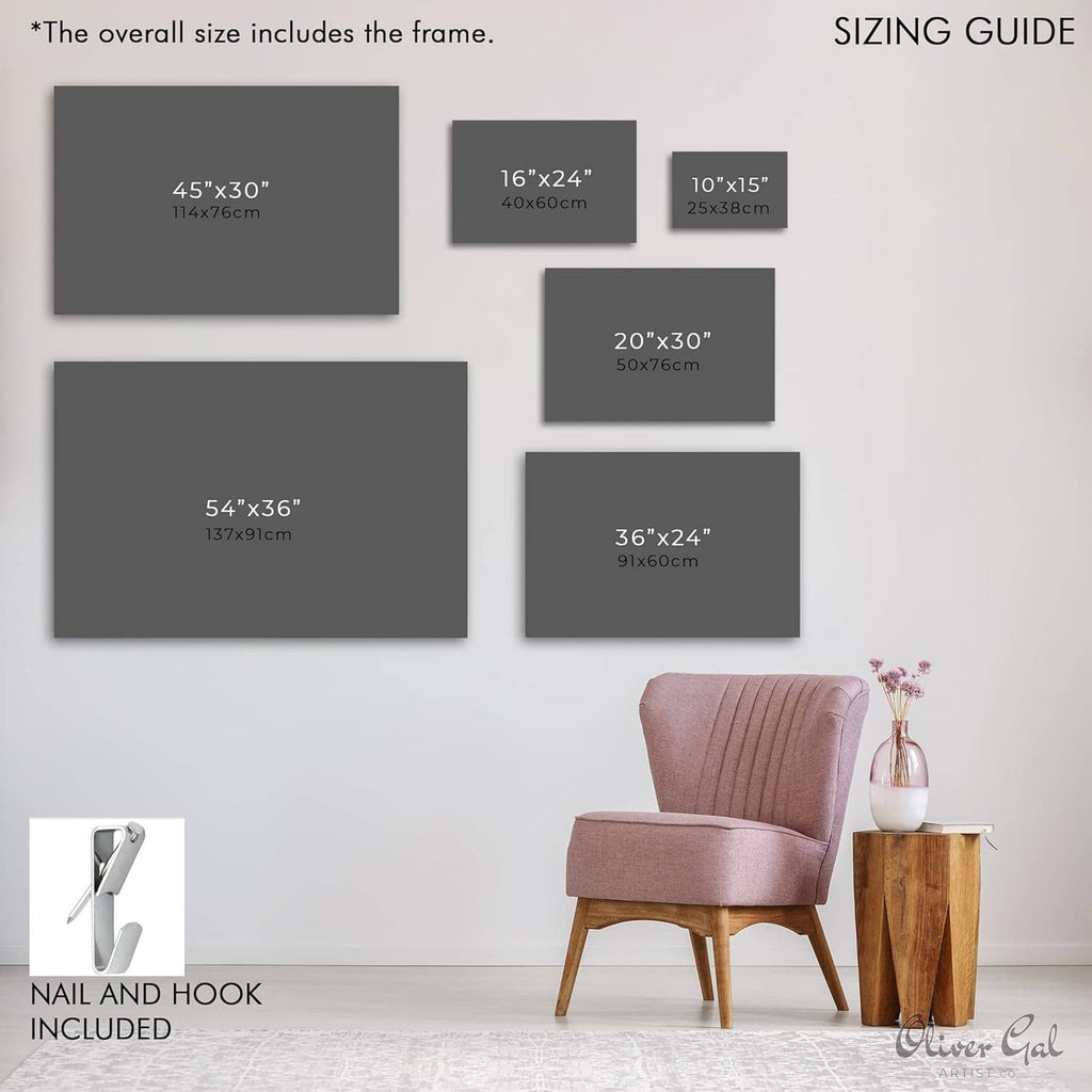 Canvas art sizing guide diagram with nail and hook included