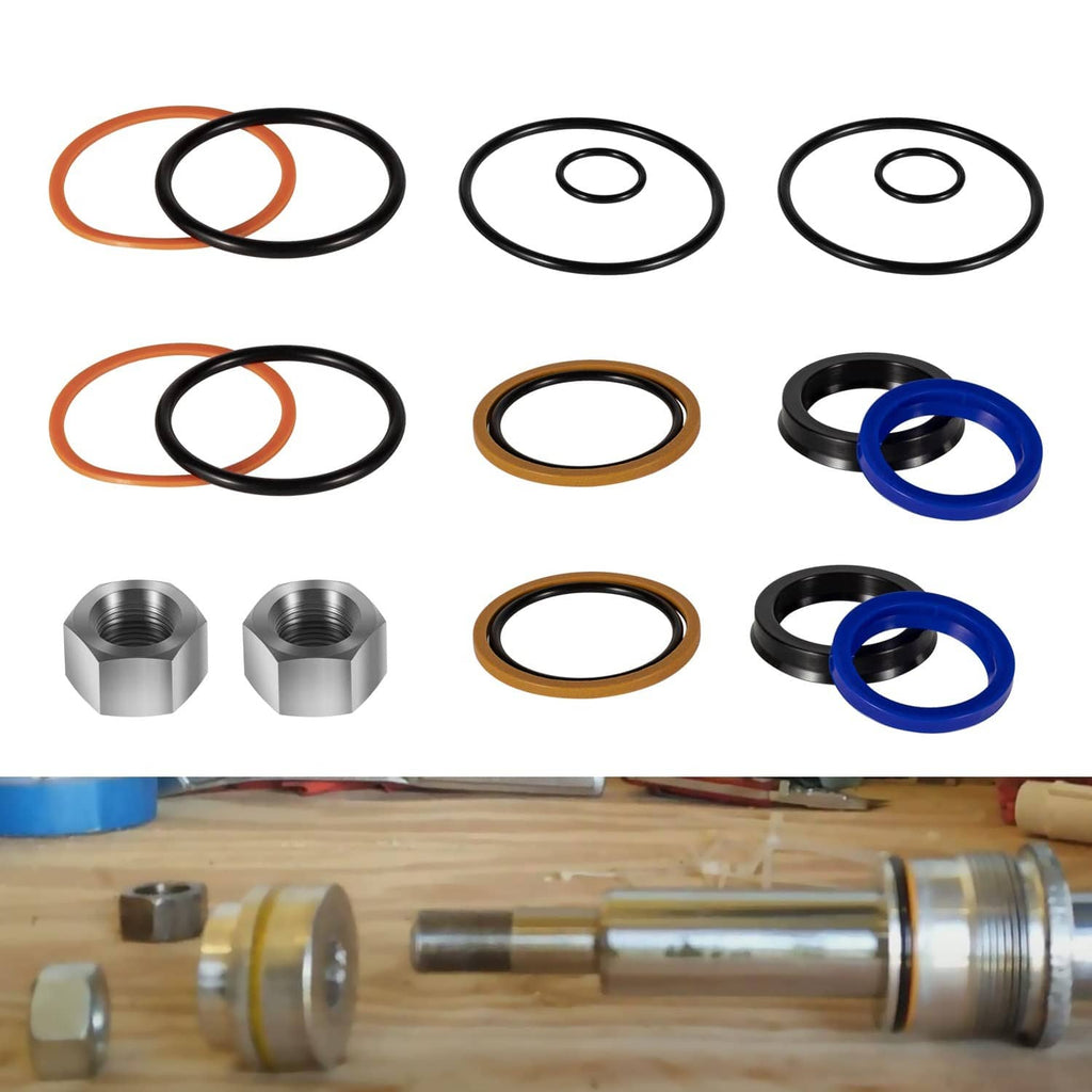 Hydraulic lift cylinder seal kit with black, orange, and blue rubber O-rings and steel nuts