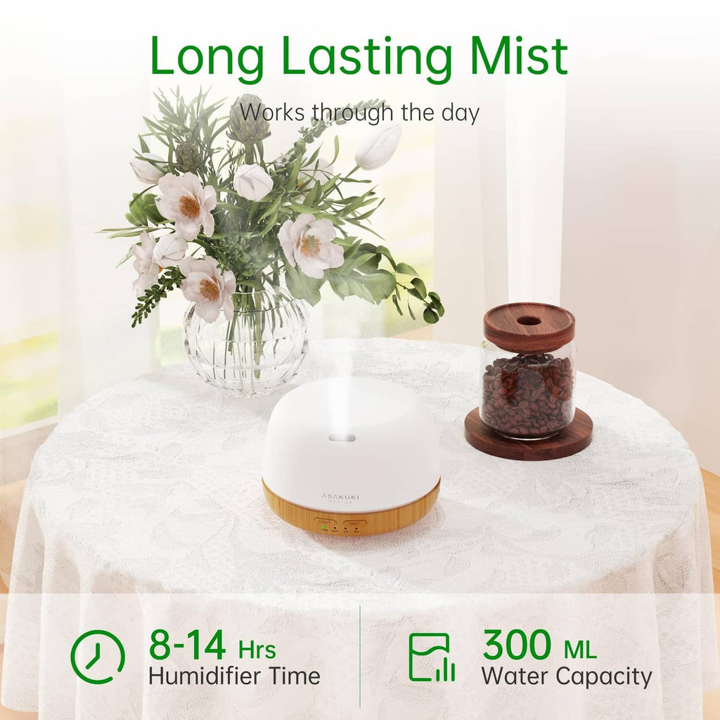 ASAKUKI essential oil diffuser on table, white dome and wood base