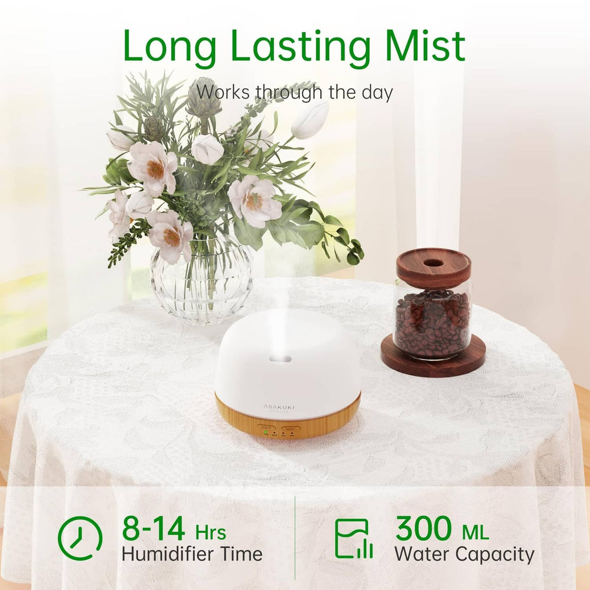 ASAKUKI essential oil diffuser on table, white dome and wood base