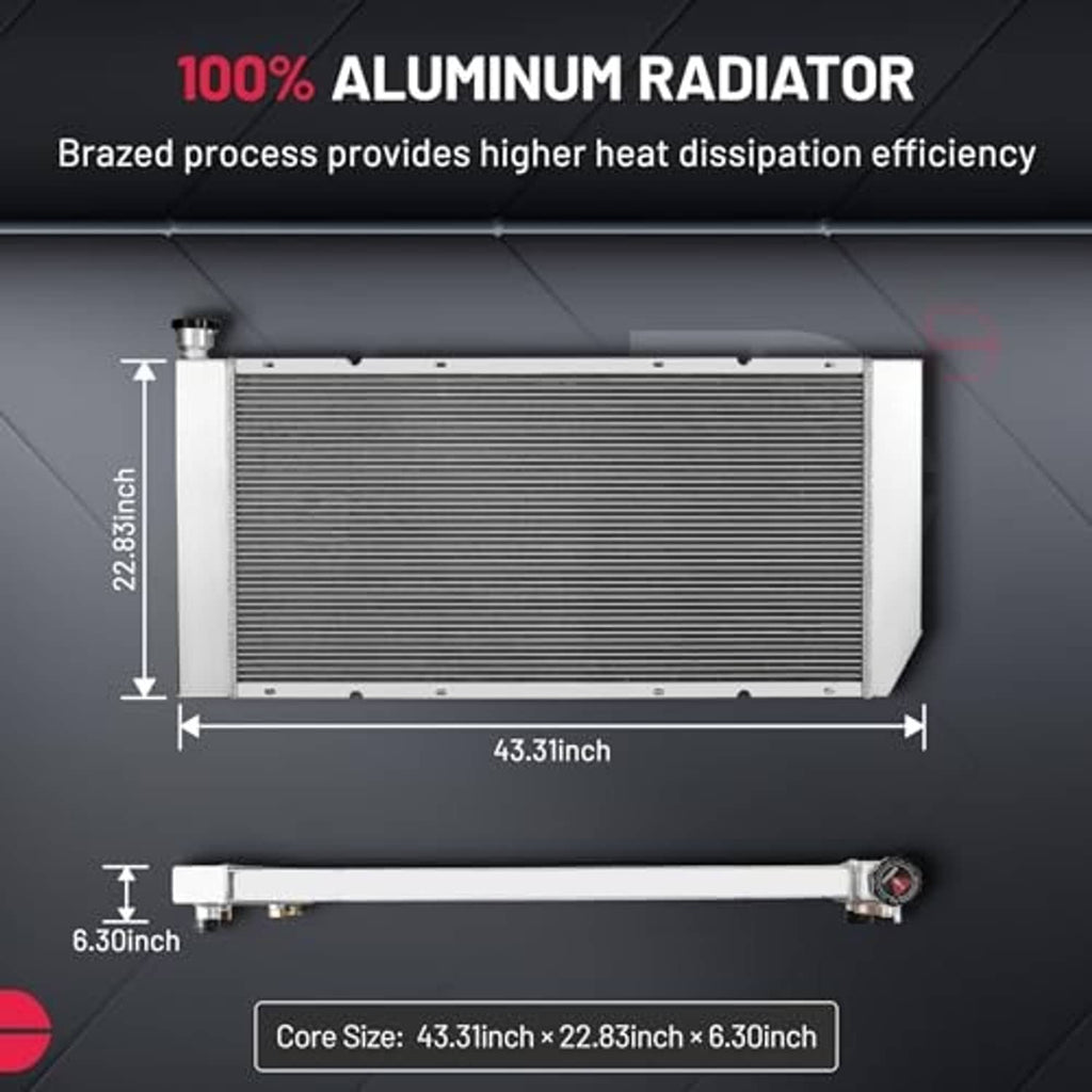 Aluminum radiator front view with mounting points and top inlet/outlet neck
