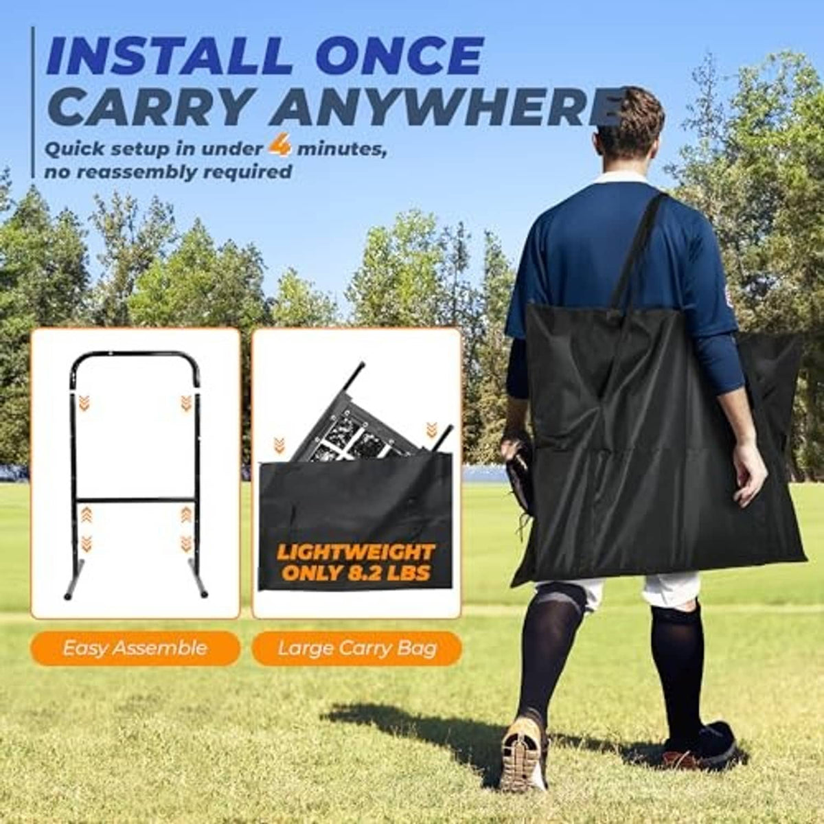 Pitching net set with included carry bag and folded frame pieces