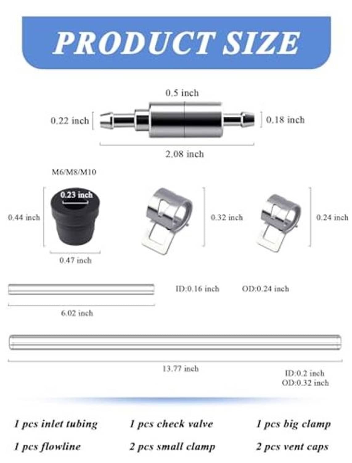 Brake bleeder kit size chart showing hose, valve, clamps, and vent cap measurements