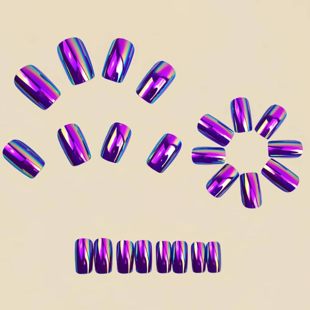 Purple chrome mirror press-on nails with medium square tips arranged in a cluster