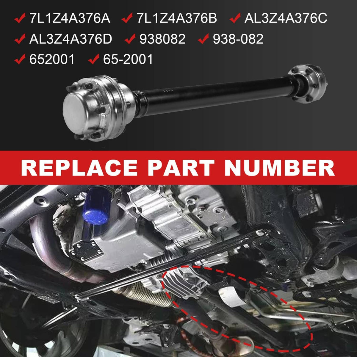 Front driveshaft prop shaft with front bearing housing and flange yoke, angled view