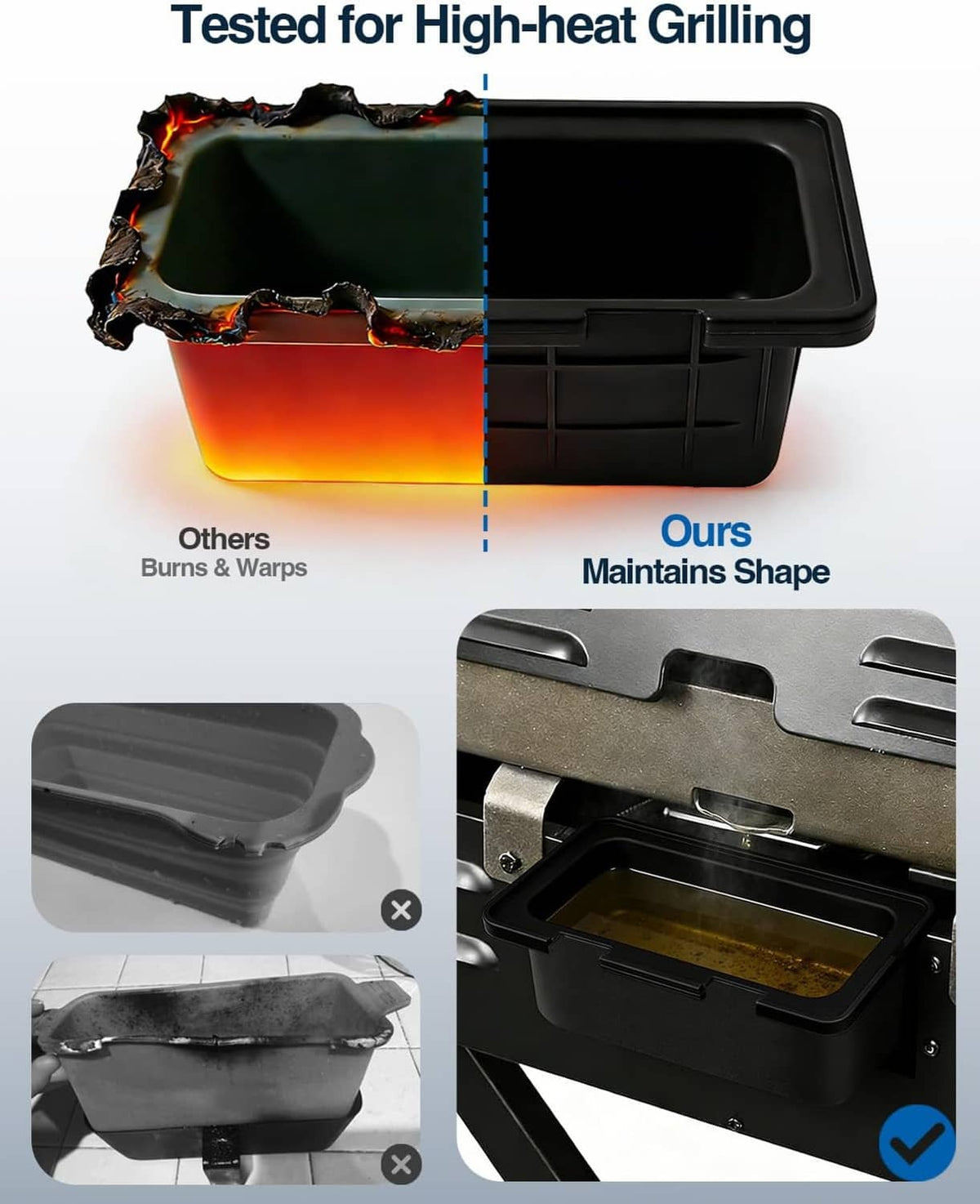 Black silicone drip pan liner insert showing heat-tested shape and structure