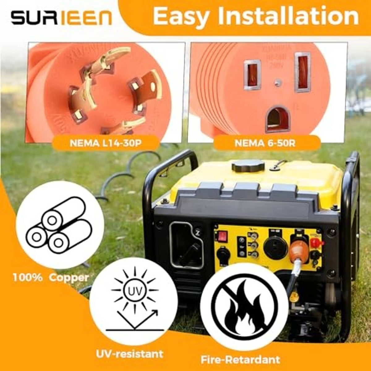 Orange generator adapter plug set with male plug and female socket connection ends