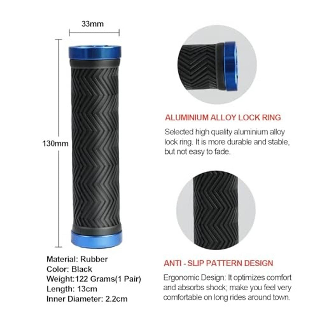 Black rubber bike handlebar grips with zigzag grip surface and blue aluminum lock ring.