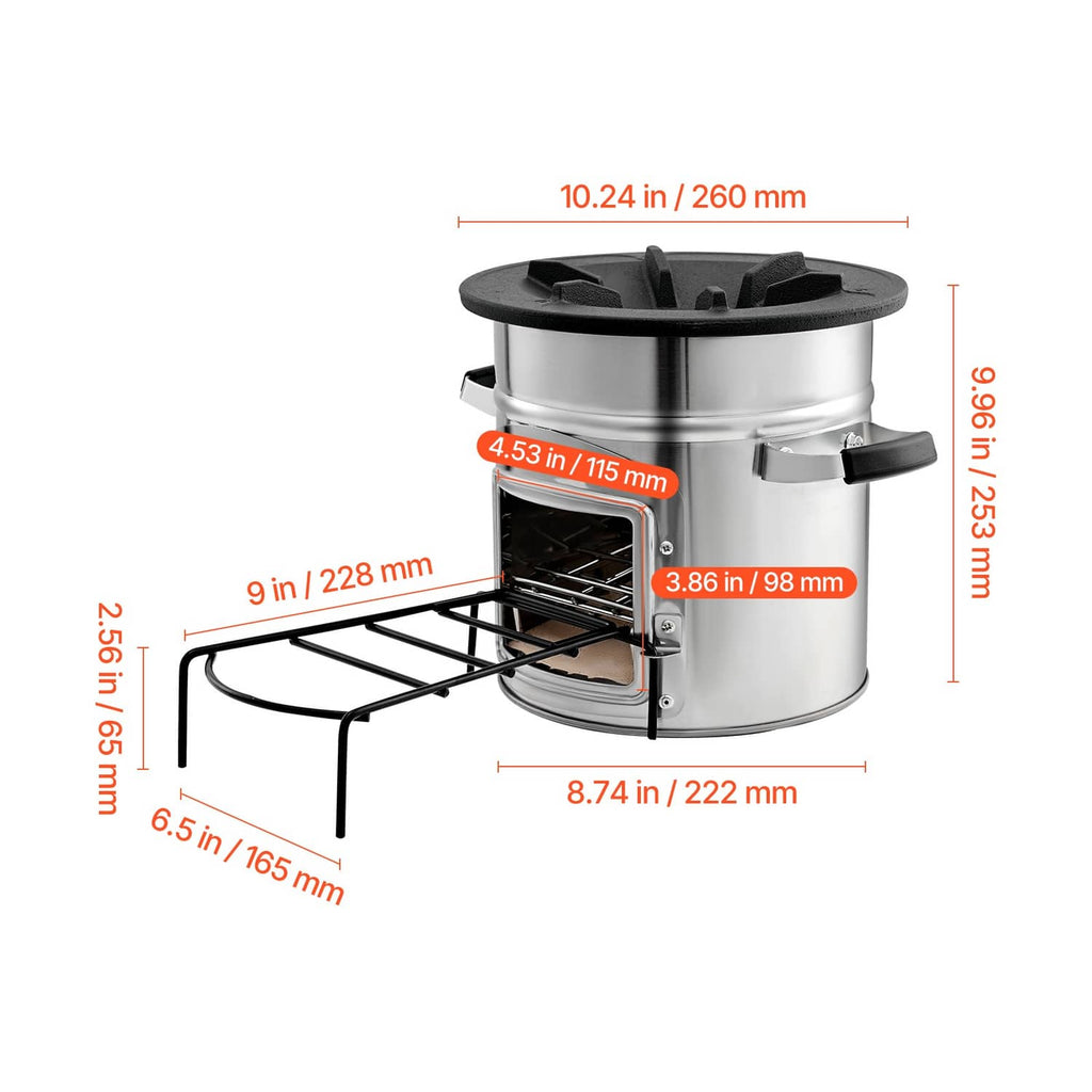 Rocket stove with top grate and folding pot stand, shown with size dimensions
