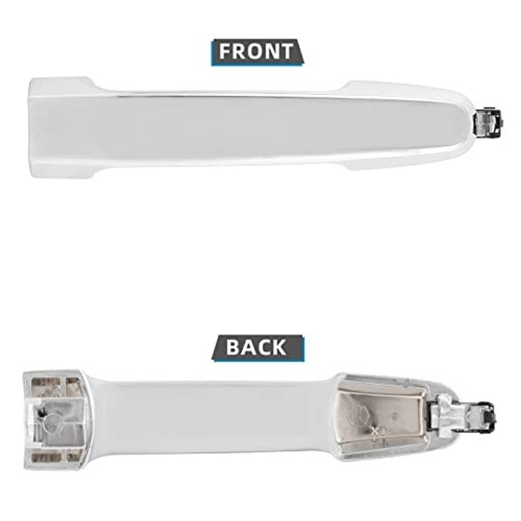 Exterior door handle pair labeled FRONT and BACK: white handles with metal latch hardware