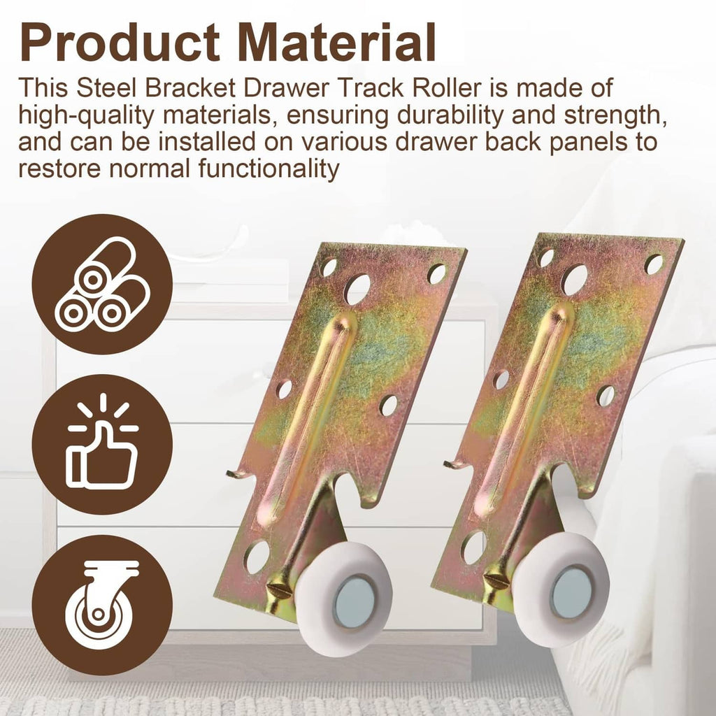 Two steel drawer track roller brackets with plastic gray wheels and screws