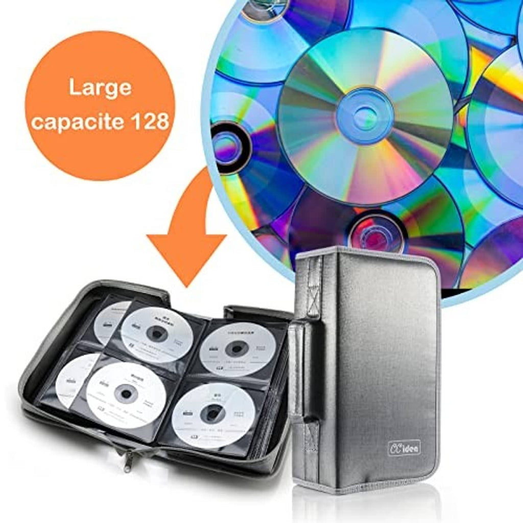 Gray DVD storage case with discs and capacity graphic