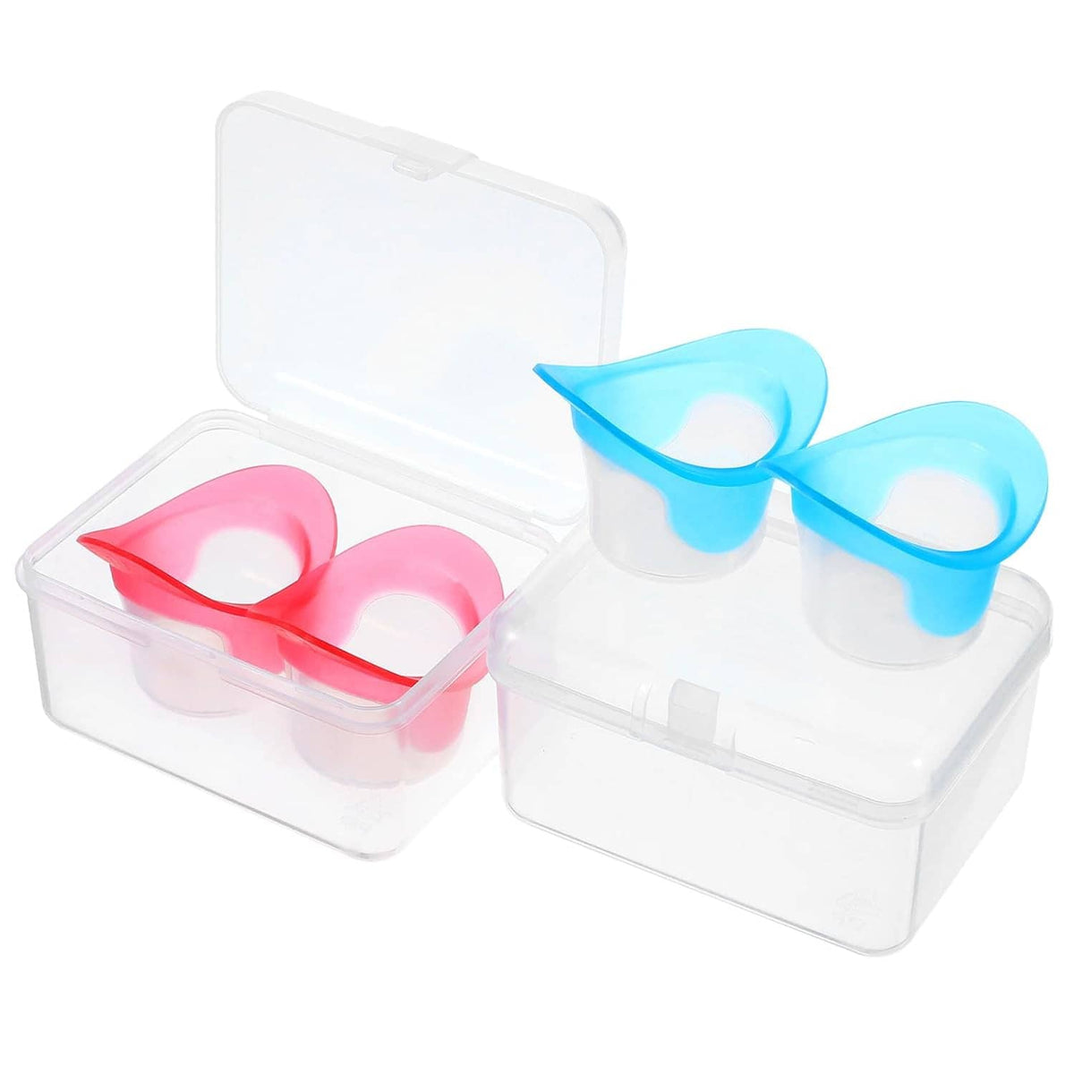 Clear storage case with suction eye wash cups: pink pair and blue pair