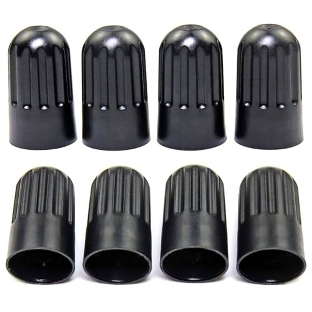 Black ribbed long tire valve stem caps, 8-pack shown front and bottom views