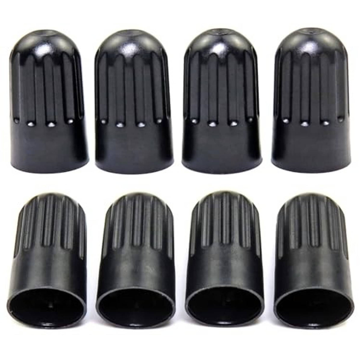 Black ribbed long tire valve stem caps, 8-pack shown front and bottom views