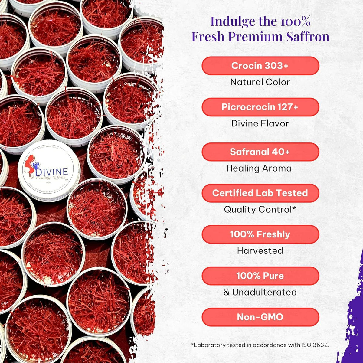 Saffron product infographic with red threads and claim highlights like 100% pure and lab tested
