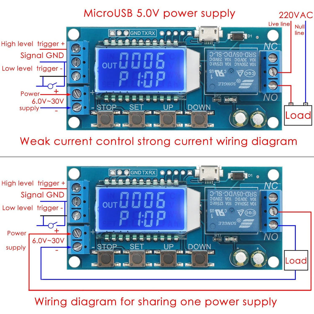 Timer relay wiring and power diagram view on module board with LCD display and relay terminals