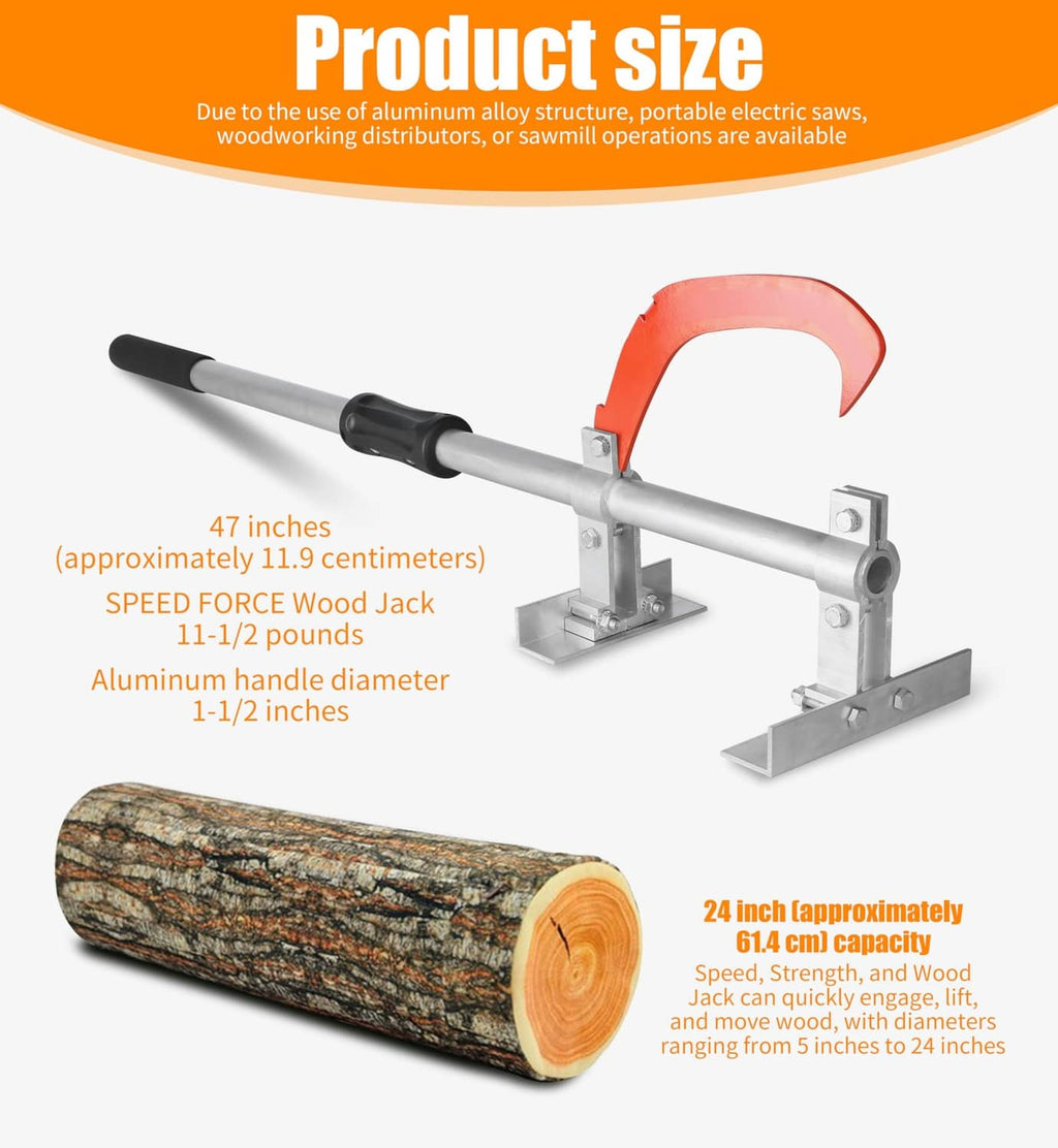 47-inch wood jack with red hook on silver beam, set beside a cut log