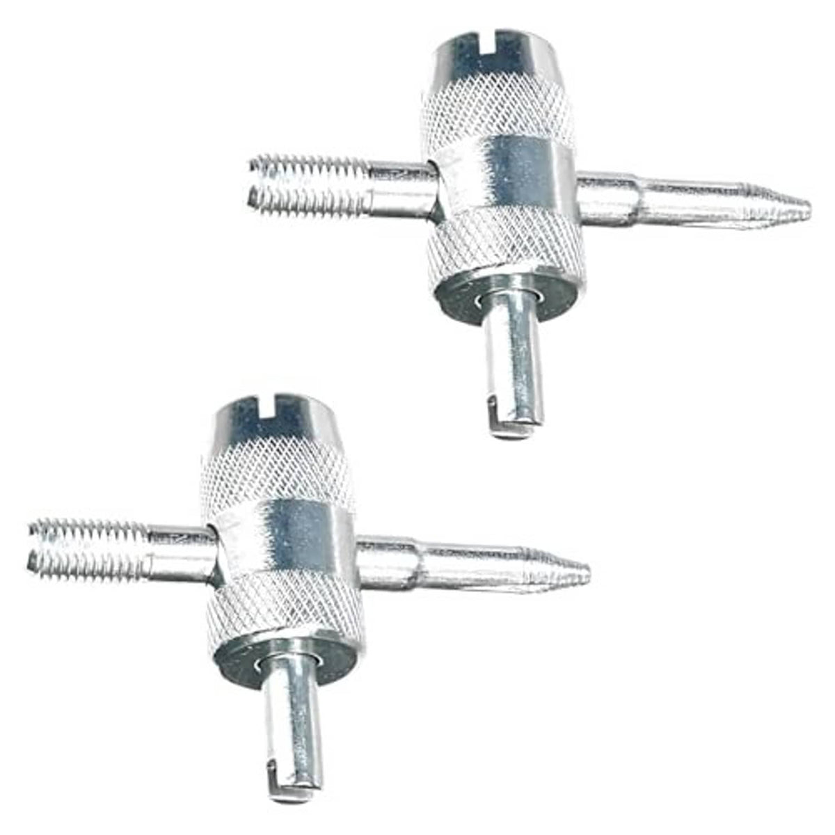 Universal 4-way tire valve core tool, 2-pack, chrome metal with knurled grip
