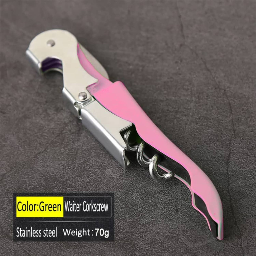 Stainless steel waiter corkscrew with pink handle and metal spiral