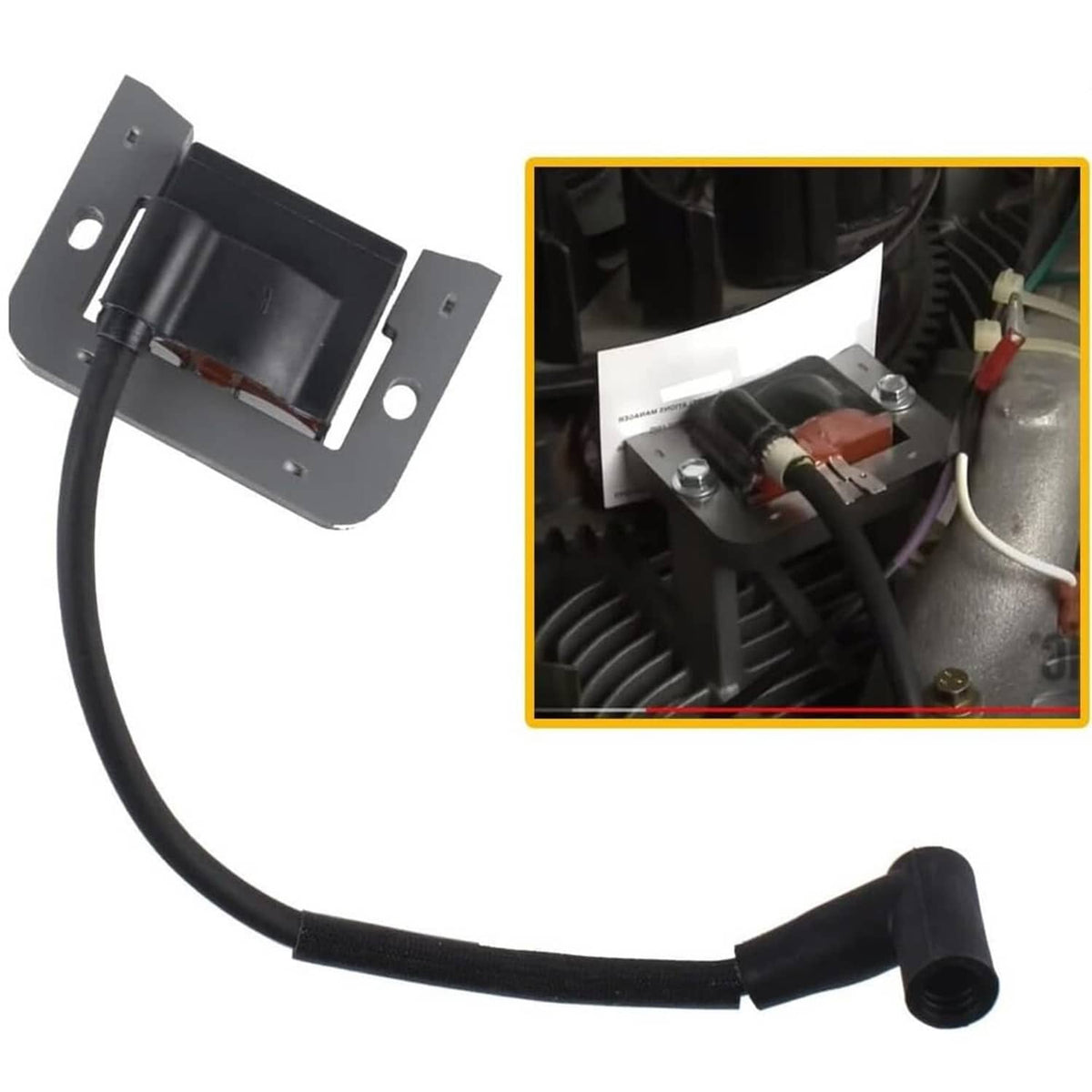 Ignition module with black coil and cable, bracket end with mounting holes