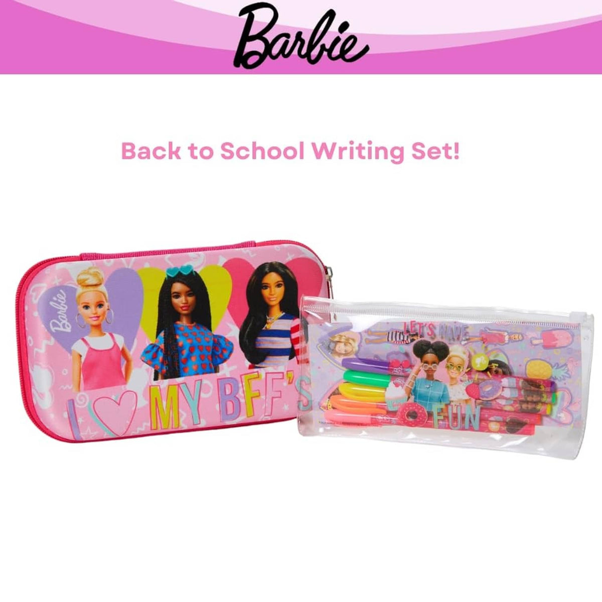 Pink printed pencil case with red zipper and clear pouch holding five gel pens