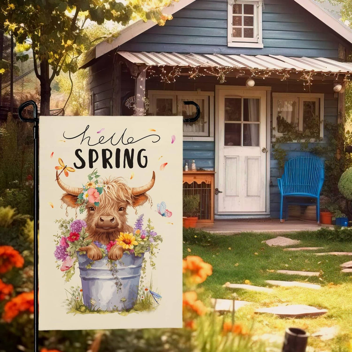 Hello Spring cream garden flag with highland cow holding a bouquet of colorful flowers