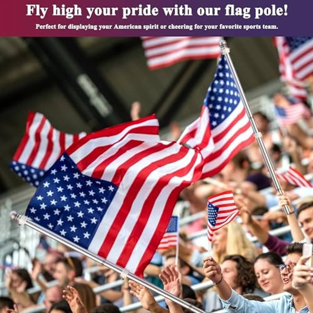 Silver flagpole with ball finial, displaying a waving American flag
