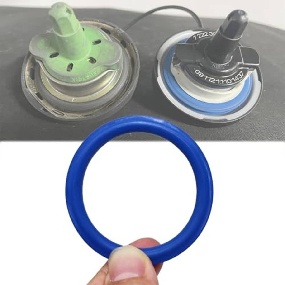 Blue O-ring gasket and black cap pieces, one ring held by fingers