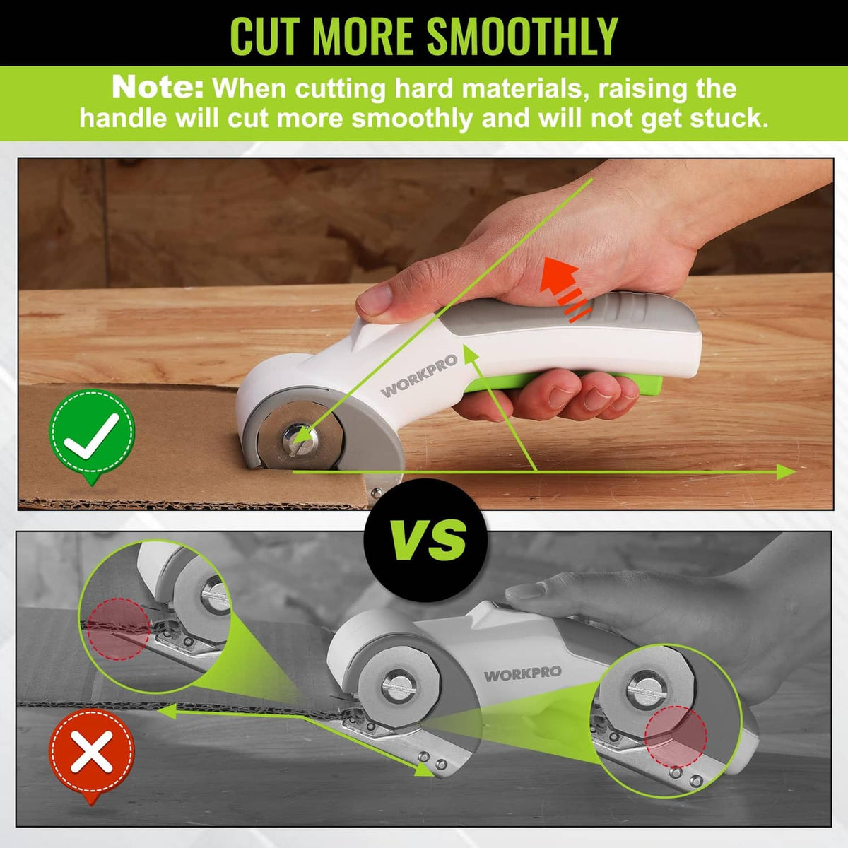 Cordless electric scissors cutting wood, white body with green handle and blade.