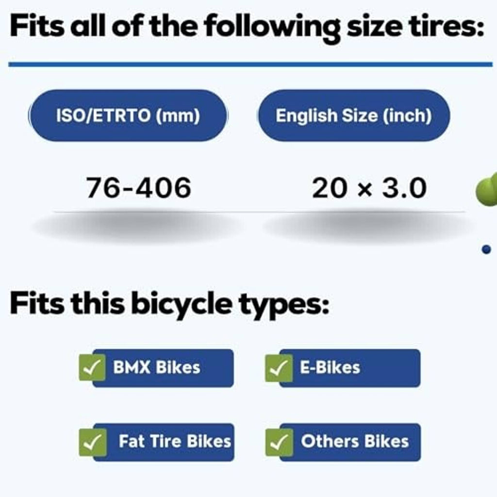 Inner tube compatibility graphic for 20 x 3.0 tire size