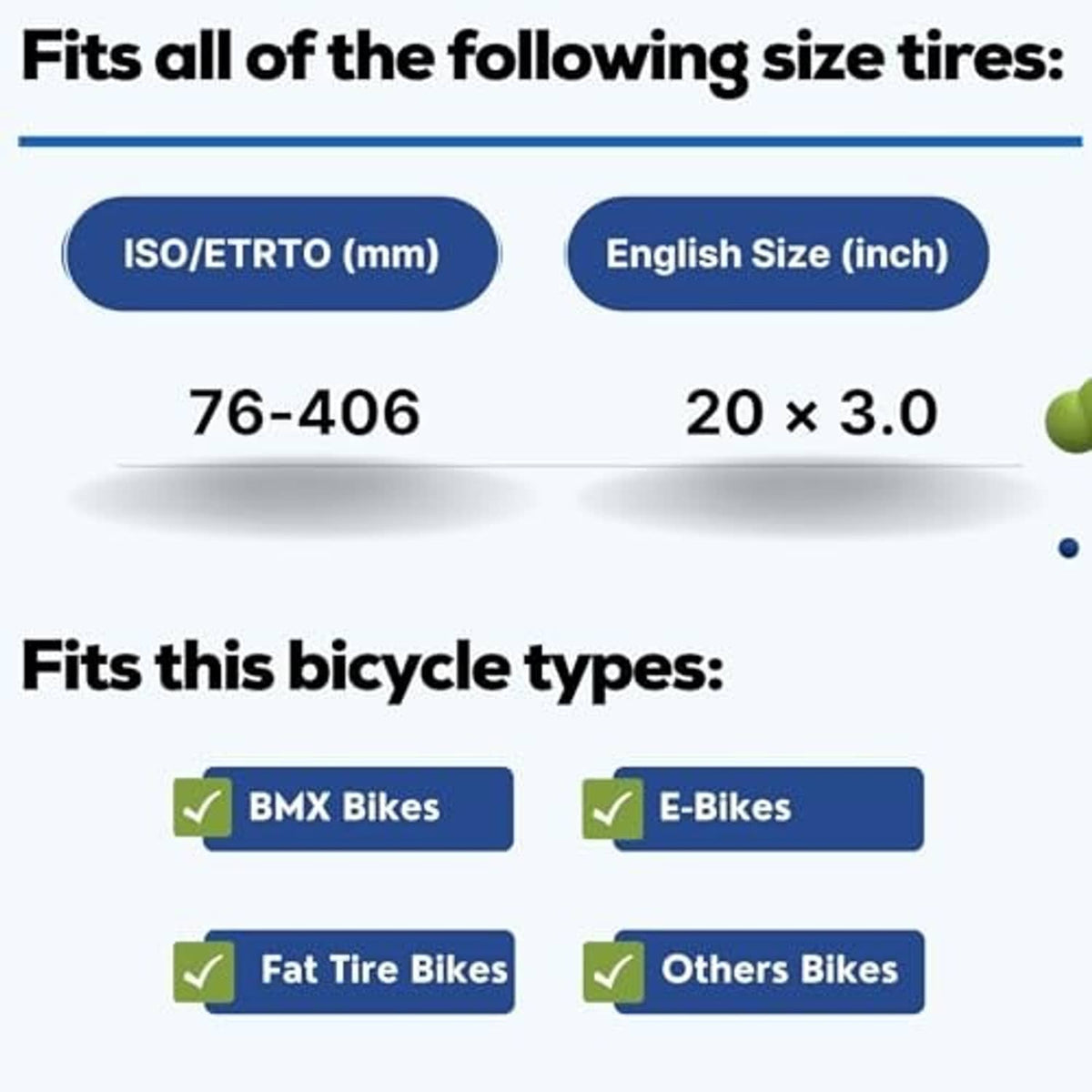 Inner tube compatibility graphic for 20 x 3.0 tire size