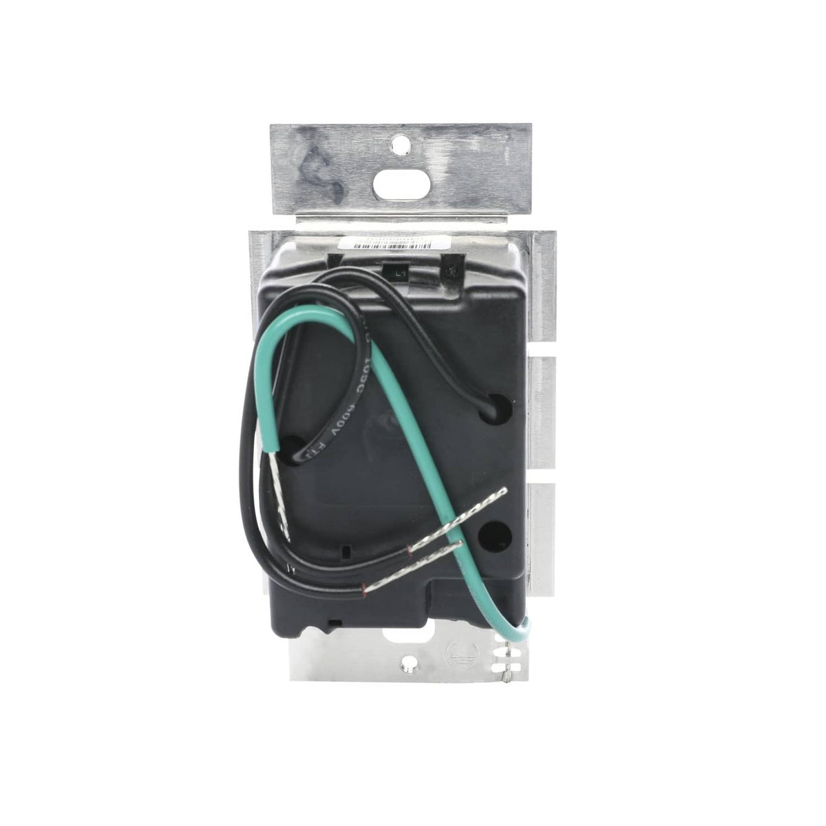 Smart dimmer module with black housing and green wiring leads for installation