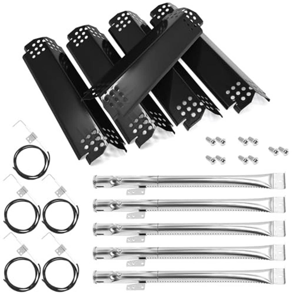Grill burner parts set with black heat plates, silver burner tubes, and connecting hardware