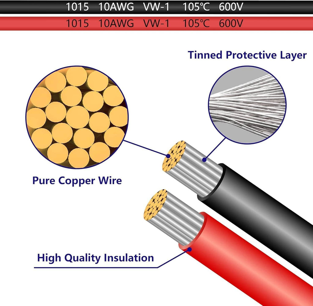 10AWG 2ft charger cable with red/black wires and ring terminal quick disconnect ends