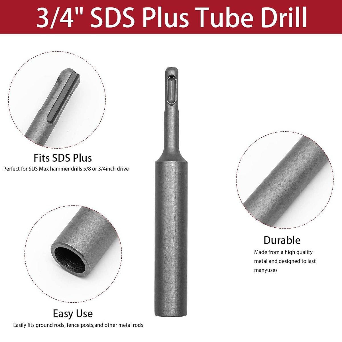 3/4 in SDS Plus tube drill bit, gray metal with side flute and shank body