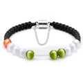 Black braided stroke counter bracelet with stainless magnetic clasp and green, white, orange beads