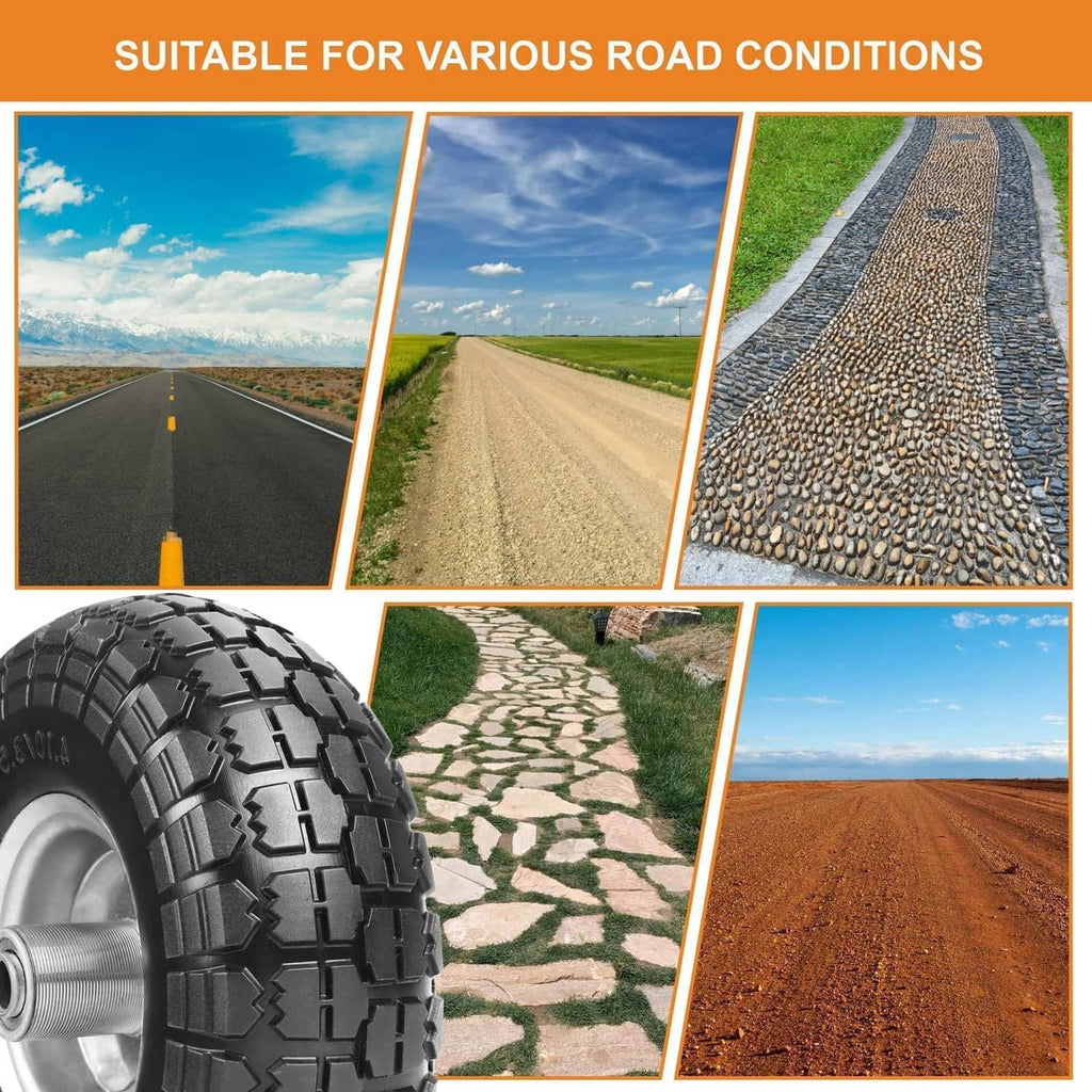 Black solid rubber tire with silver rim, rugged tread for off-road and road use