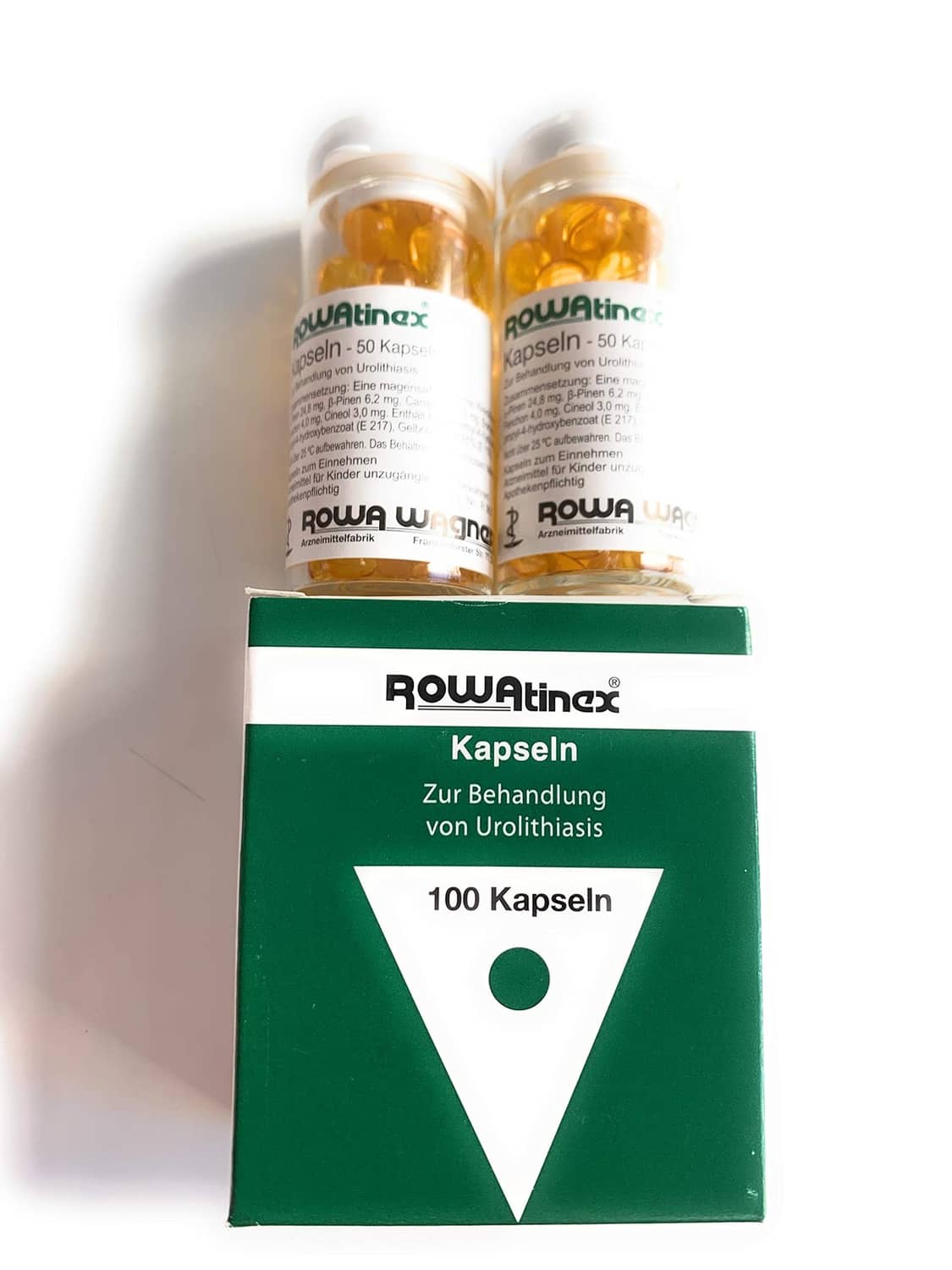 Rowatinex 100 capsule box with two amber bottles, green packaging
